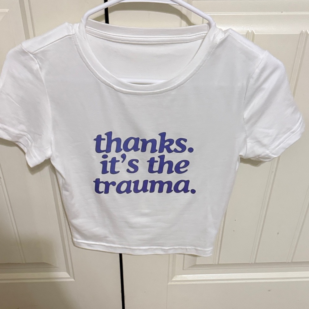 SHEIN White Crop Top with Purple Text
